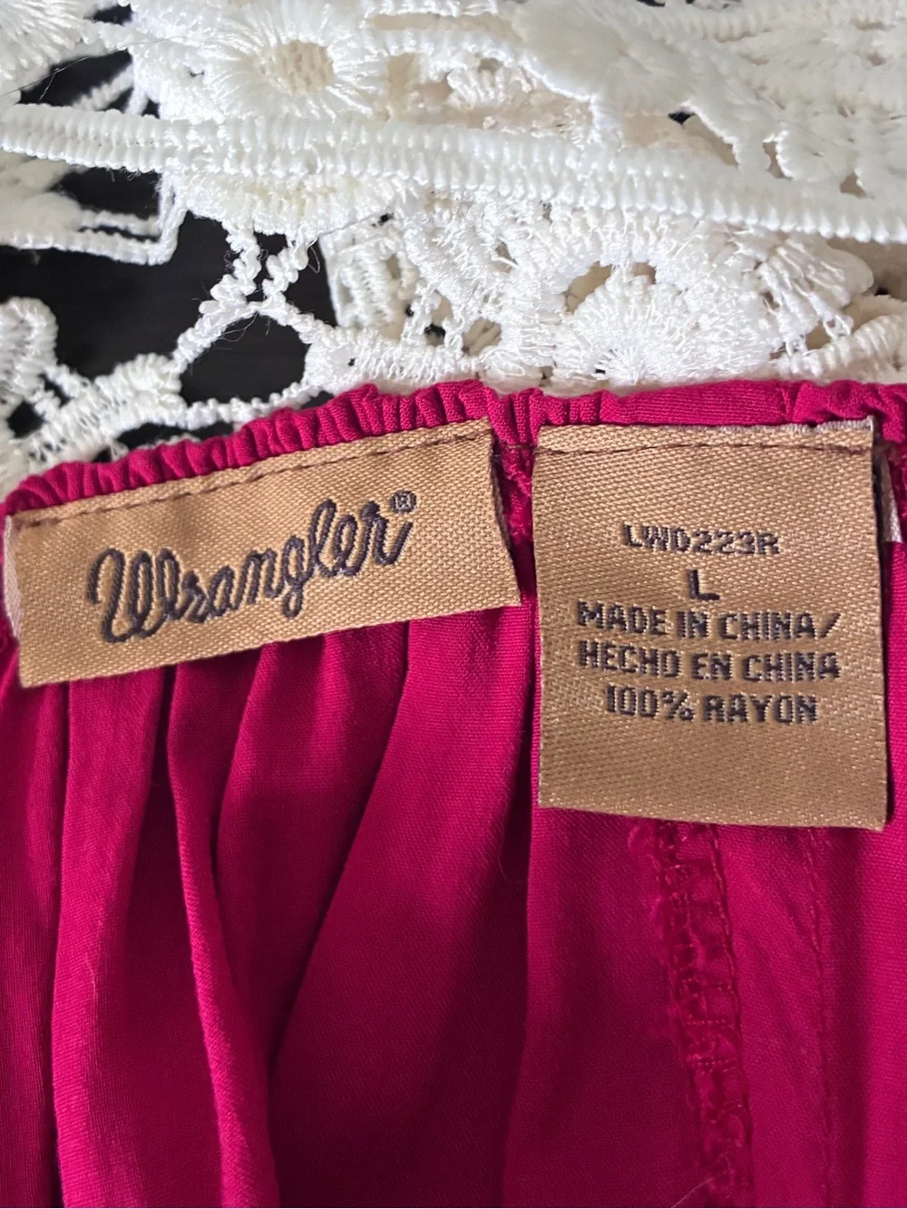Wrangler Western Rodeo Summer Crochet Lace Yoke Magenta Sleeveless Tunic Sz L